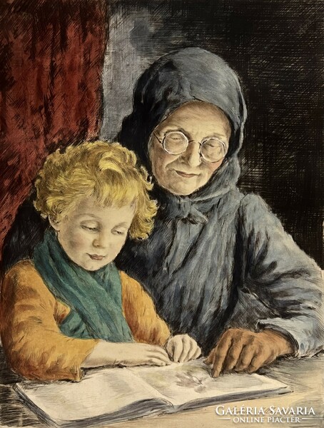 Aladárné illes Edvi (1877-1963) with her grandmother's granddaughter (etching) /invoice provided/