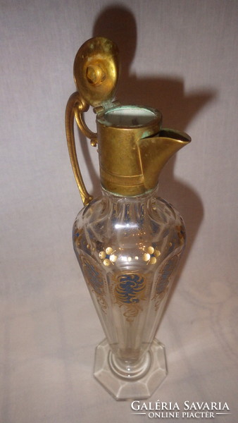 Szépséges aranyozott antik Biedermeier üveg karaffa réz szerelékkel