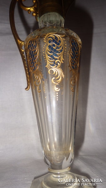 Beautiful gilded antique Biedermeier glass decanter with copper fittings