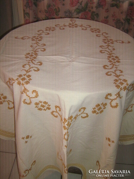 Beautiful antique vintage floral sophisticated hand embroidered cross stitch tablecloth