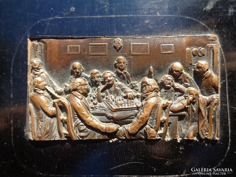 Chess players, bronze plaque, in a wooden frame