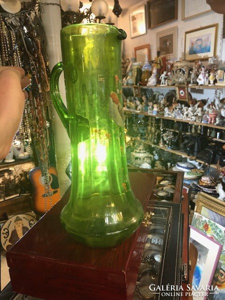 Antik fújt üveg kancsó, biedermeier, 40 cm-es magasságú.