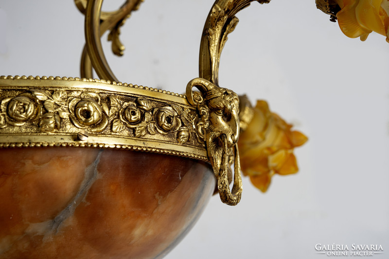 Copper room chandelier with yellow rose shells (5 arms) - decorated with ram's heads