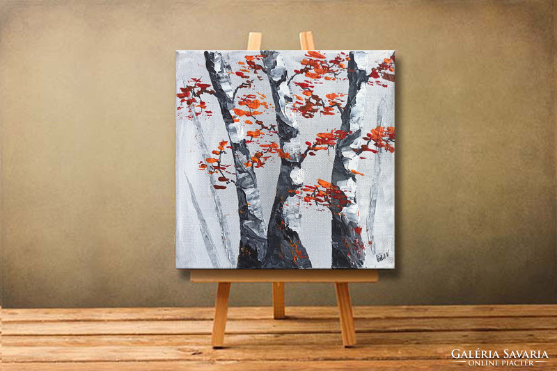 Red edit: birch trees abstract landscape n2106 20x20cm