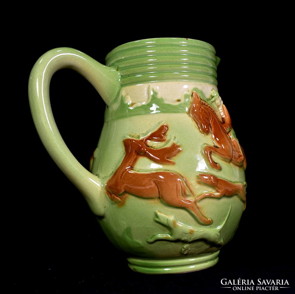 French majolica faience wine jug with deer hunting scene