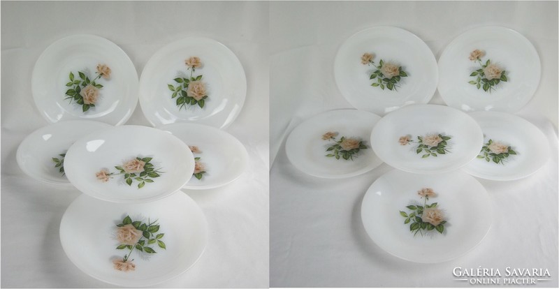 Arcopal france white glass rose pattern plate set 6 deep + 6 flat