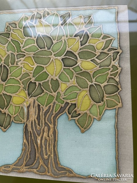 Zöld leveles fa - kézzel festett selyemkép