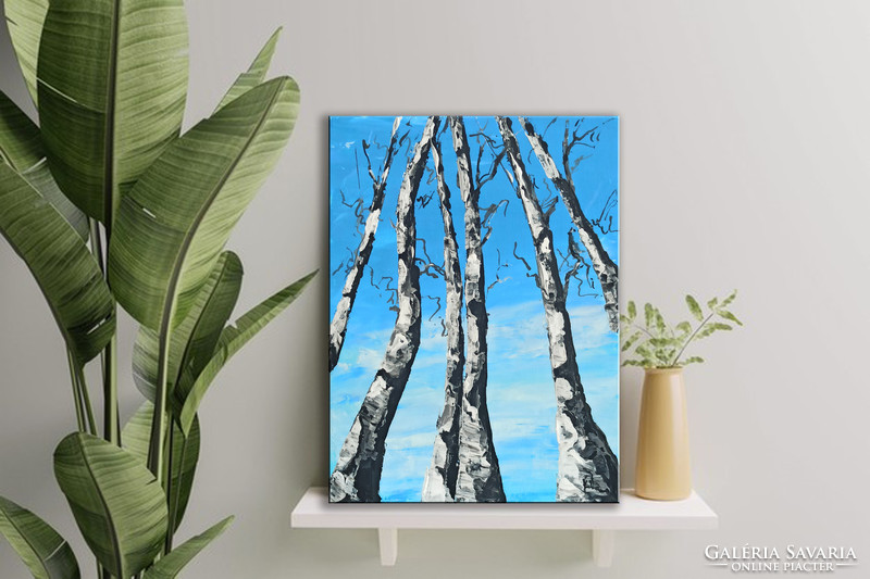Red edit: winter birch trees abstract painting