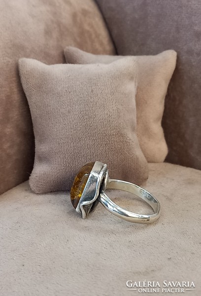 Silver ring with Polish amber