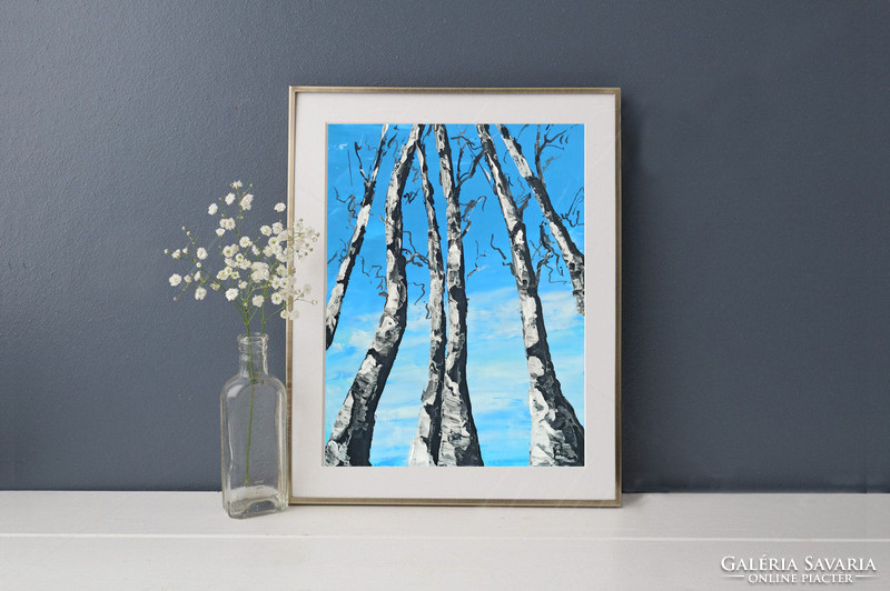 Red edit: winter birch trees abstract painting