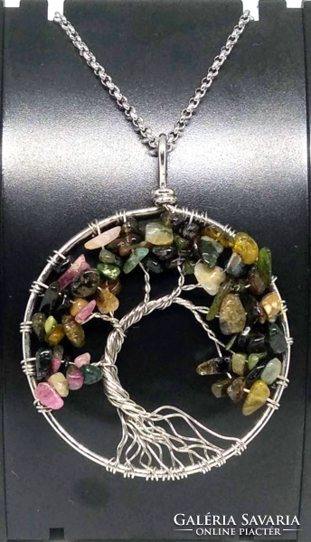 Tourmaline semi-precious stone, silver-plated tree of life pendant necklace 90