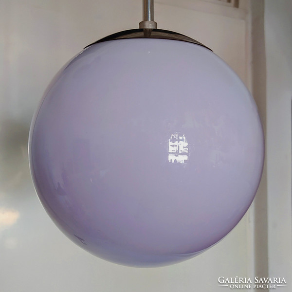Bauhaus - Art deco nikkelezett mennyezeti lámpa felújítva - lila üveg gömb búra