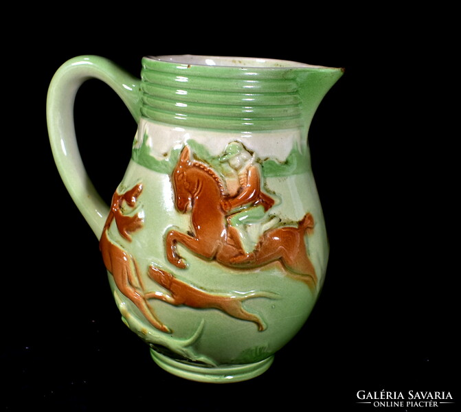 French majolica faience wine jug with deer hunting scene