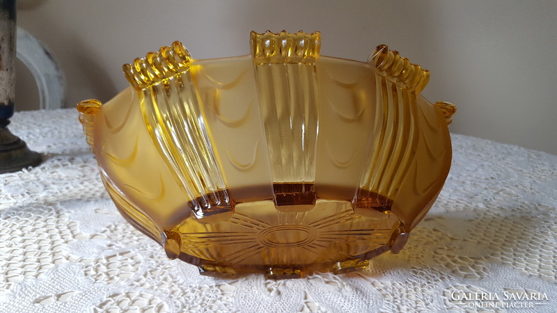 Art deco amber etched glass bowl