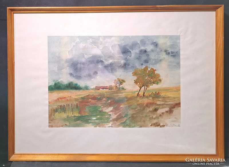 Béla Hankó (1954-): farm landscape, watercolor in a frame