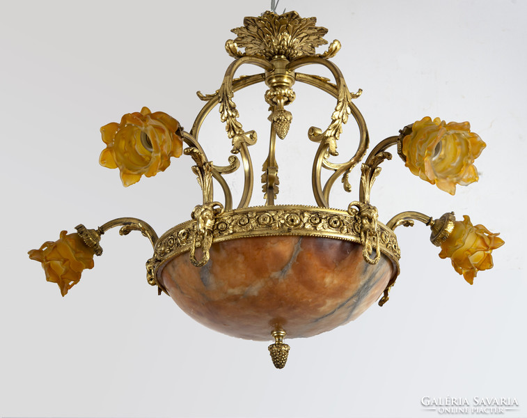 Copper room chandelier with yellow rose shells (5 arms) - decorated with ram's heads