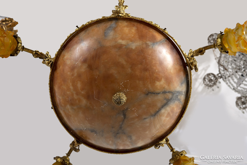 Copper room chandelier with yellow rose shells (5 arms) - decorated with ram's heads