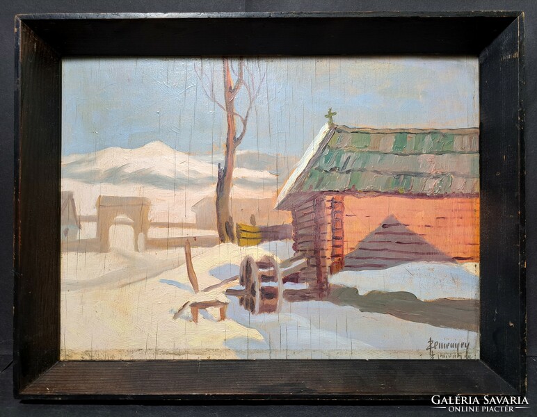 Ferenc Szemeney (1894-1990): village church in the winter landscape - old oil painting