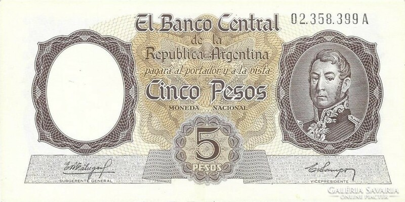 5 peso pesos 1960-62 Argentina aUNC hajtatlan.