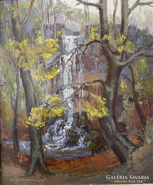 Forest waterfall - oil on canvas