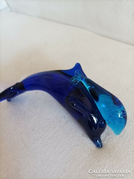 Cobalt blue glass dolphin figure, decorative glass, letter weight, desk decoration