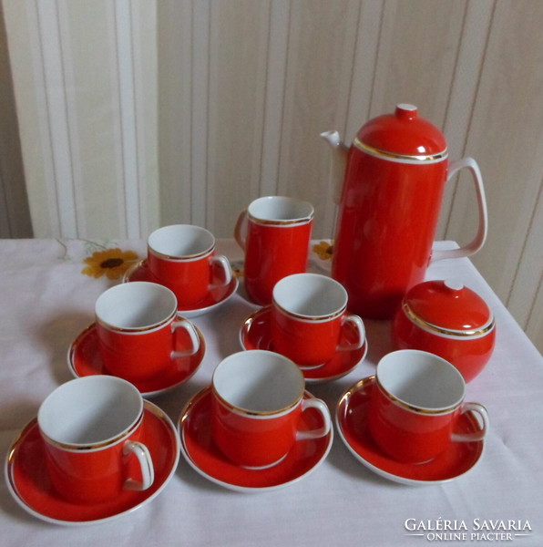 Hölóháza porcelain, red coffee set (mocha set): pot, pourer, cups, saucer