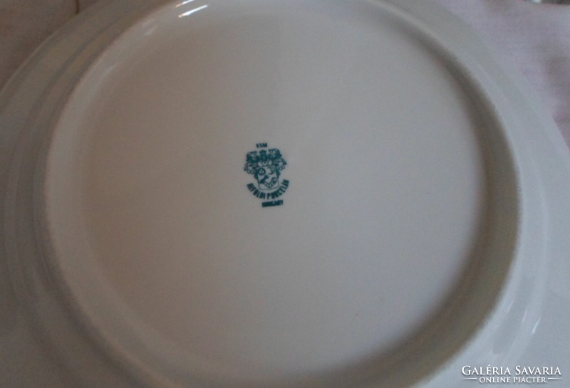 Alföld porcelain white plate with gold border 8. (Riveted, small plate)