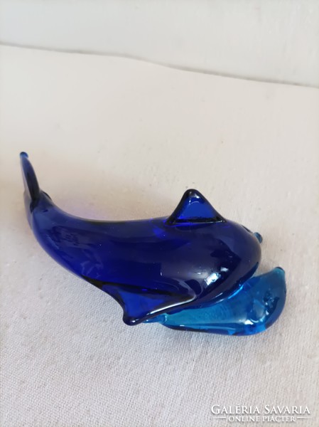 Cobalt blue glass dolphin figure, decorative glass, letter weight, desk decoration