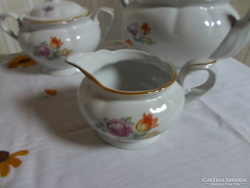 Eichwald porcelain, floral tea set: pot, pourer, sugar bowl, cups, saucer plate