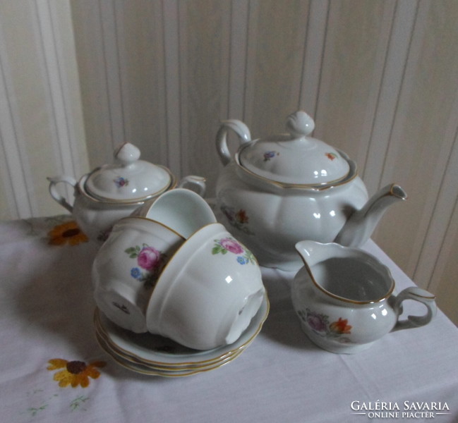 Eichwald porcelain, floral tea set: pot, pourer, sugar bowl, cups, saucer plate