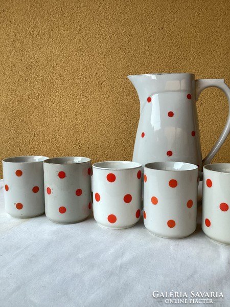 Zsolnay red polka dot jug with six mugs.