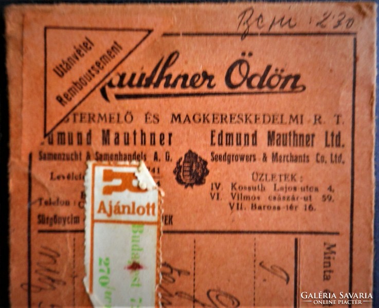 Mauthner Ödön (termékmintaküldő boríték)