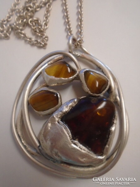 Unique Scandinavian precious stone jewelry consists of huge amber and 3 tiger eyes, total weight 85 grams