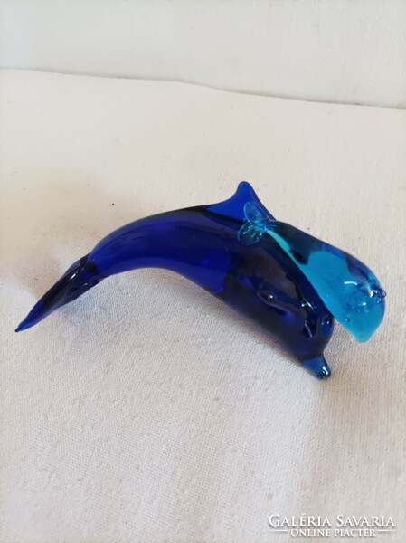 Cobalt blue glass dolphin figure, decorative glass, letter weight, desk decoration