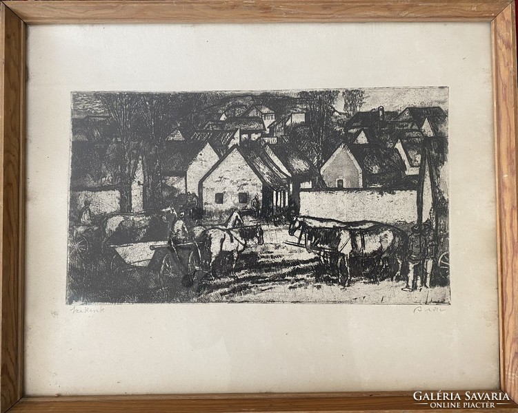 Bencze László: Szekerek - rézkarc