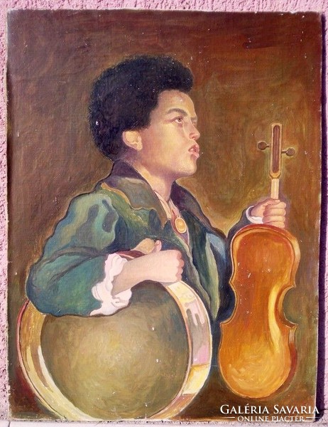 Wandering musician. Old oil on canvas painting from the beginning of the last century. Without frame