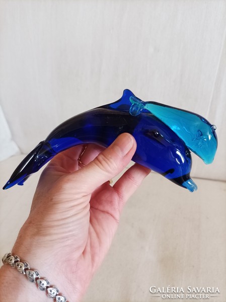 Kobalt kék üveg delfin figura, díszüveg, levélnehezék, íróasztal dísz