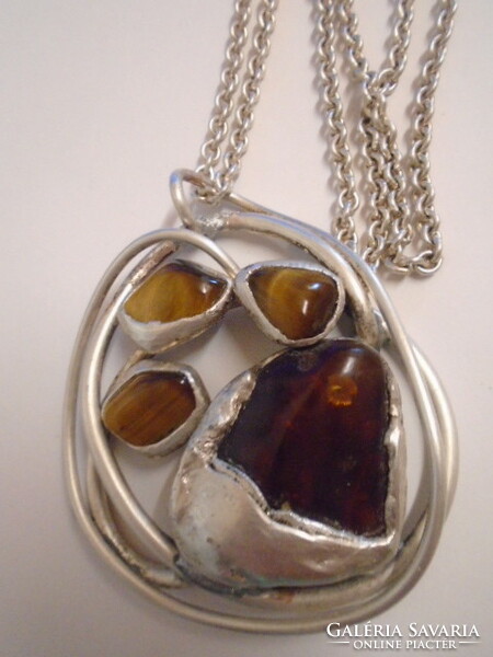 Unique Scandinavian precious stone jewelry consists of huge amber and 3 tiger eyes, total weight 85 grams