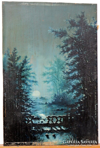 Landscape in moonlight, oil painting