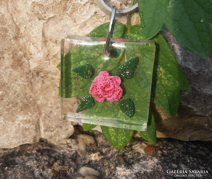 Pink rose resin square pendant