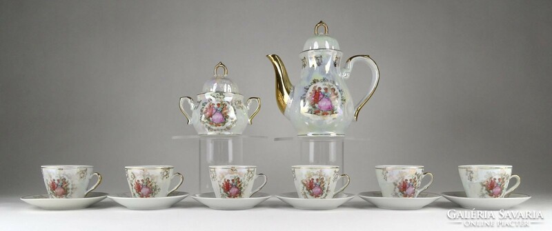 1O165 iridescent porcelain coffee set with an allegorical scene