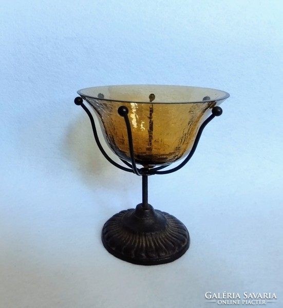 Veiled glass bowl with antique iron base
