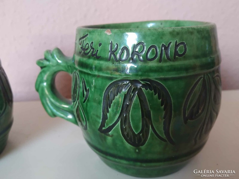 2 special, very beautiful green glazed Korond mugs, made by Tóth Feri, marked from 1981