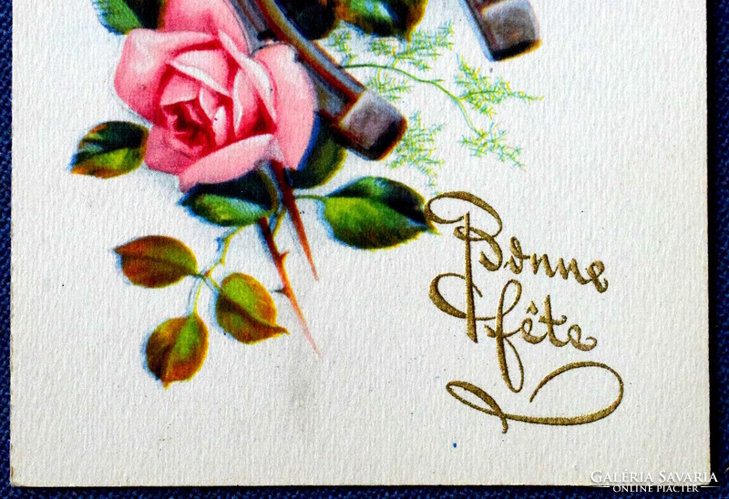Régi grafikus üdvözlő képeslap rózsa szerencsepatkó