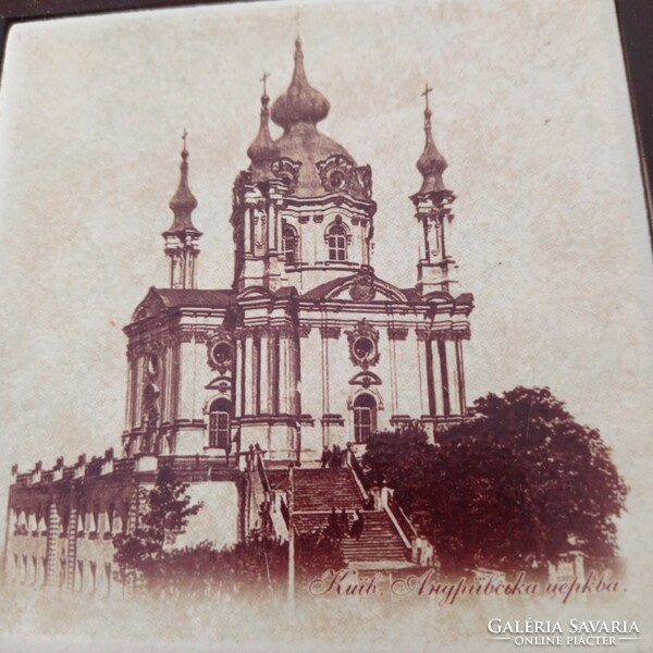 Kyiv st. Andrew's church ceramic picture on a wooden base, 18 x 18 cm