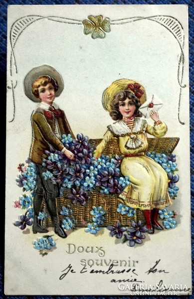 Antique embossed litho greeting card baby girl baby boy gold basket forget-me-not 4-leaf clover