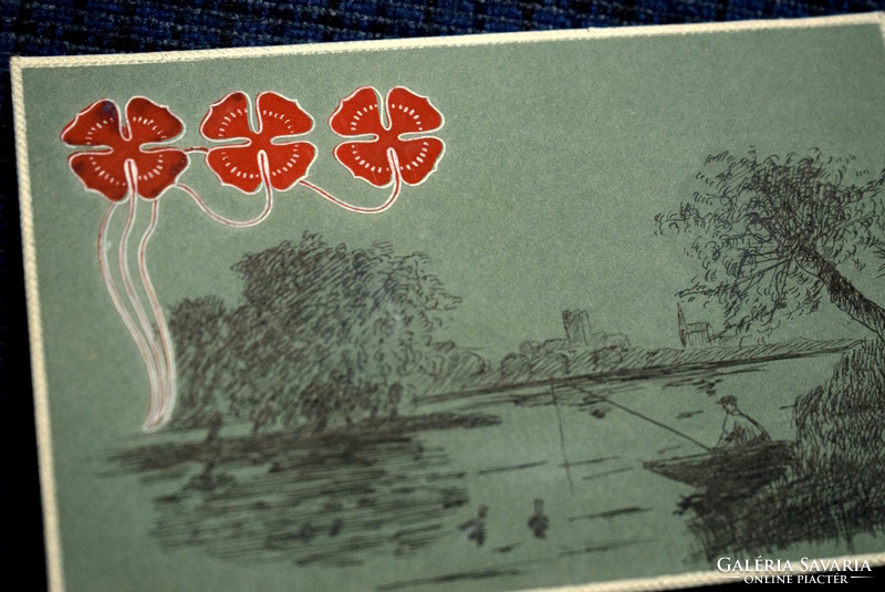 Antik szecessziós dombornyomott kézzel festett pipacs üdvözlő képeslap tus tájkép