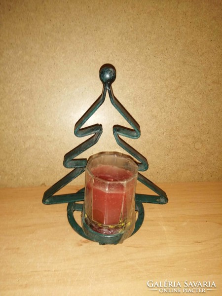 Fém karácsonyfa formájú gyertyatartó  gyertyával - 19 cm magas (32/d)