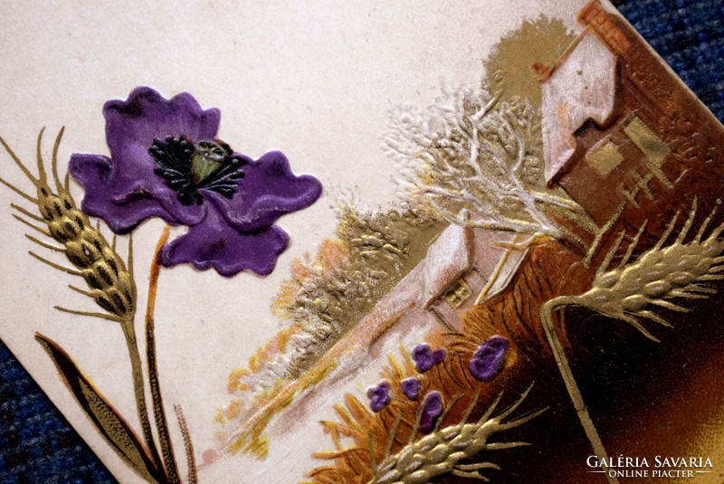 Antique art nouveau relief litho greeting with stylized flower golden ear landscape