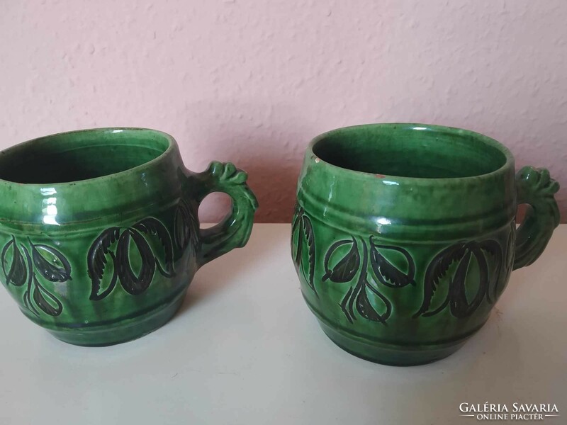 2 special, very beautiful green glazed Korond mugs, made by Tóth Feri, marked from 1981